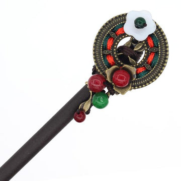 Wood Stick with Round Metal Piece Shell Flower and Beads